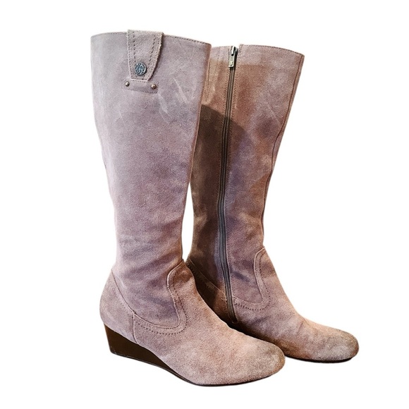 Libby Edelman Paula 17” suede leather wedge boots full zip 2” heel SZ 9.5 beige - Picture 1 of 11